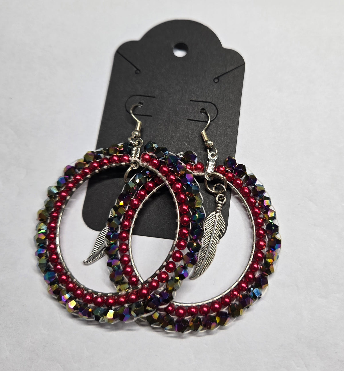 Medium Beaded Hoops with Feather- Dangle