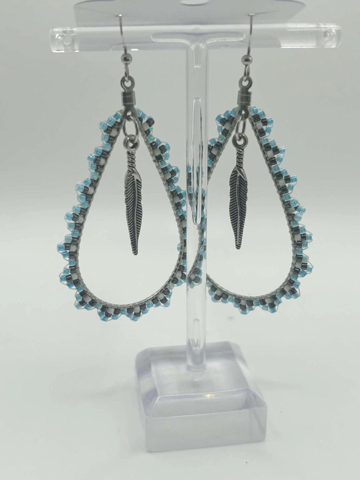 Beaded Teardrop (w Feather) Dangle Earrings