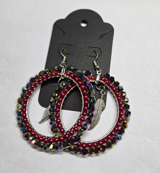 Medium Beaded Hoops with Feather- Dangle