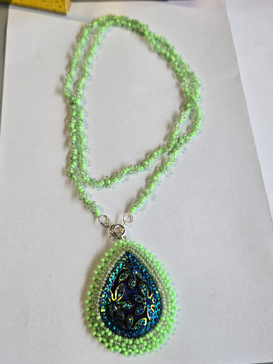 Beaded 2" Tear Drop Pendant and Chain